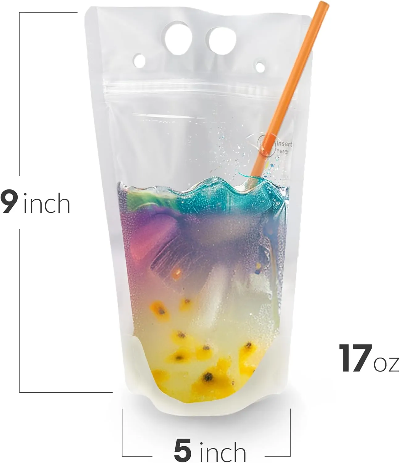 UTILE 30PCS Drink Pouches for Adults with Individually Wrapped Colorful Straws, Reclosable Zipper Smoothie Drink Bags with Multiple Texts – Heavy Duty Hand Held Translucent with Funnel Included