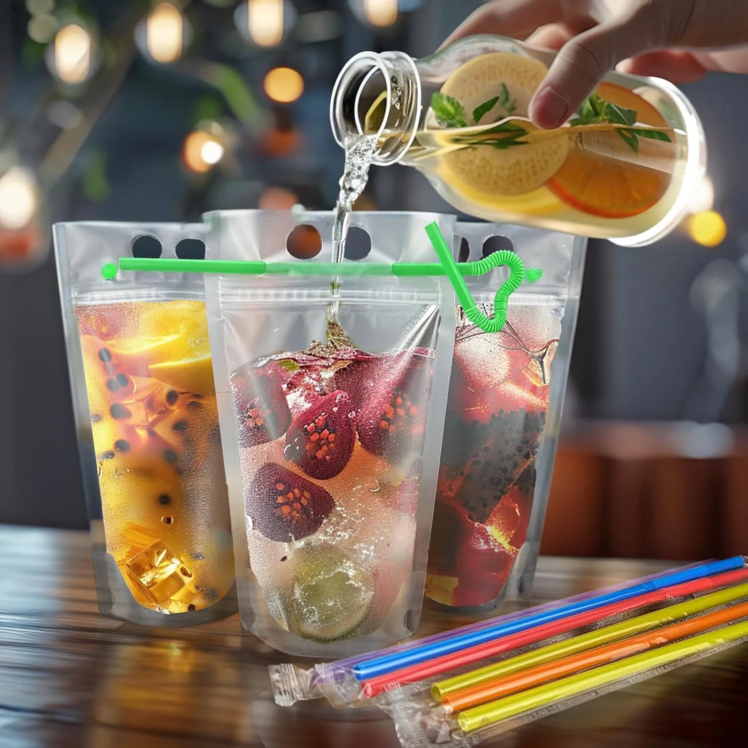 UTILE 30PCS Drink Pouches for Adults with Individually Wrapped Colorful Straws, Reclosable Zipper Smoothie Drink Bags with Multiple Texts – Heavy Duty Hand Held Translucent with Funnel Included