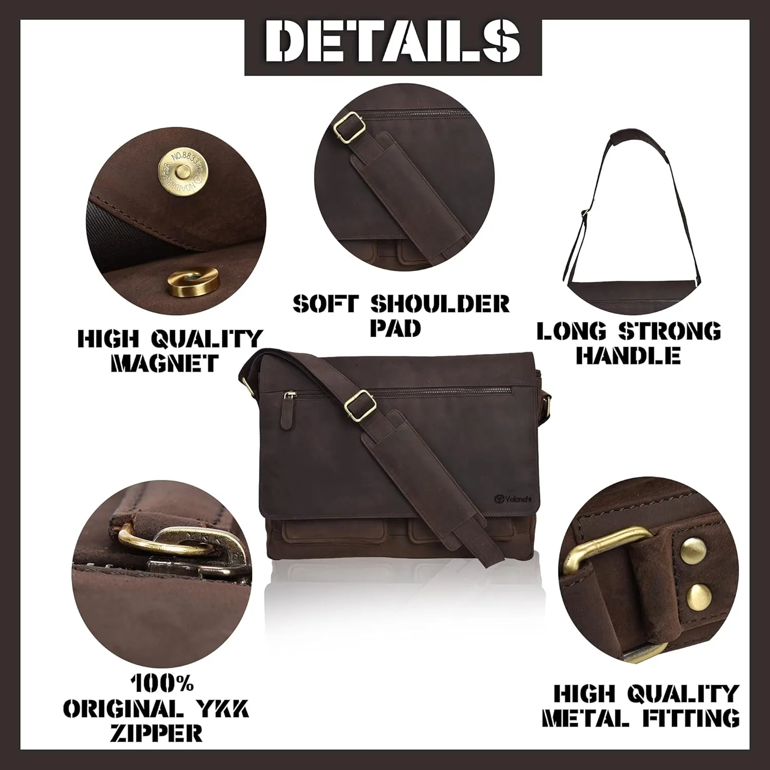 VALENCHI Leather Messenger Bag For Men - Laptop Messenger Briefcase & Shoulder Bag-Office, Work, Travel