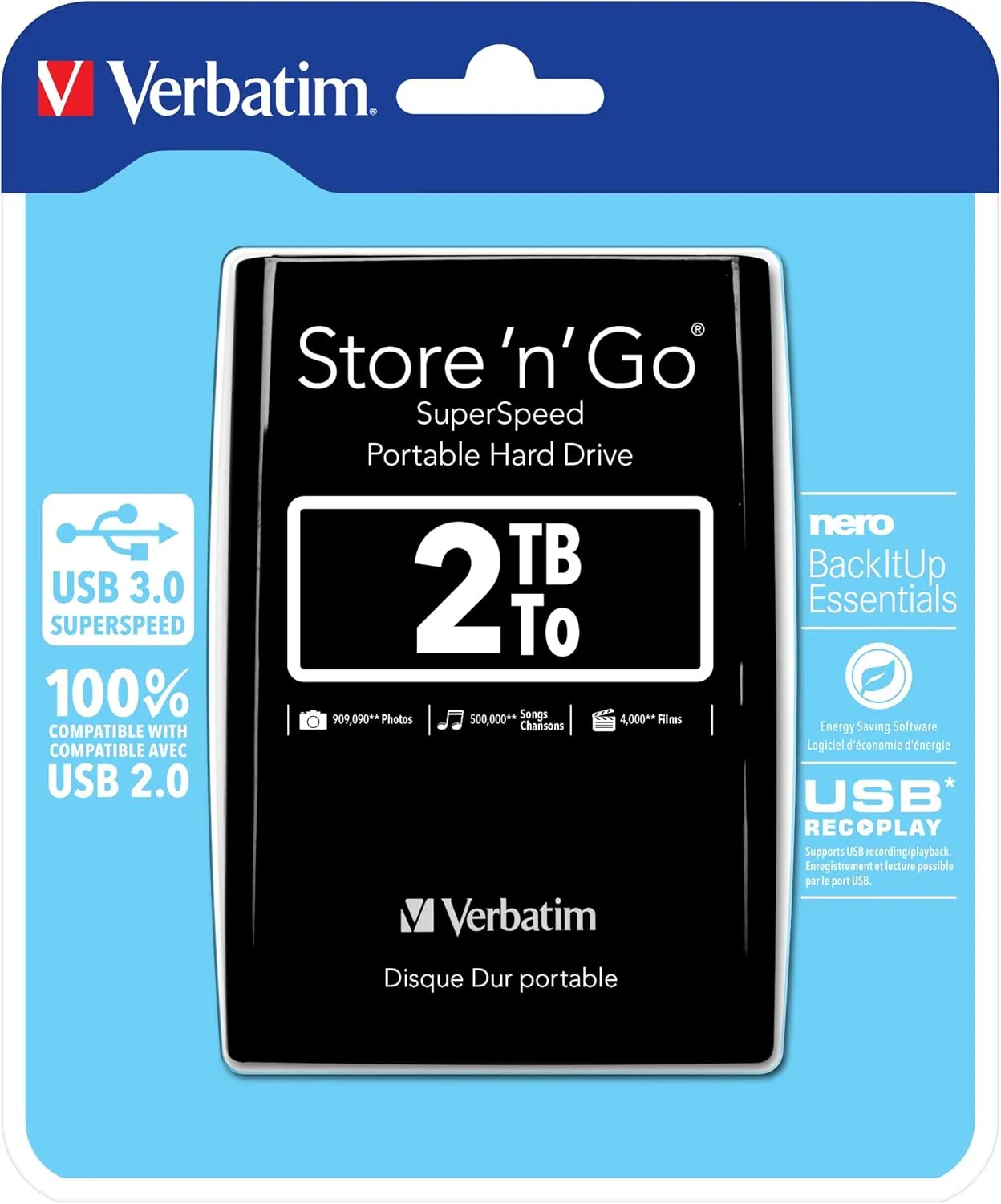 Verbatim 2TB Portable Hard Drive, - Store'n'Go - USB 3.0 - Compatible with USB 2.0 - PC / Mac - Diamond Black