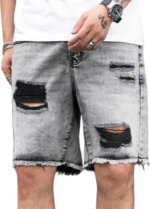 Verdusa Men's Ripped Bermuda Denim Shorts Straight Leg Jean Shorts with Pockets