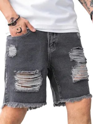 Verdusa Men's Ripped Bermuda Denim Shorts Straight Leg Jean Shorts with Pockets
