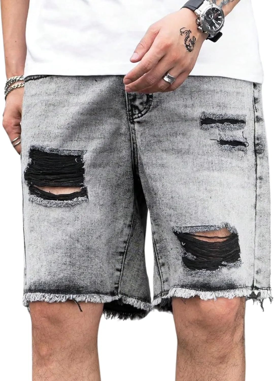 Verdusa Men's Ripped Bermuda Denim Shorts Straight Leg Jean Shorts with Pockets
