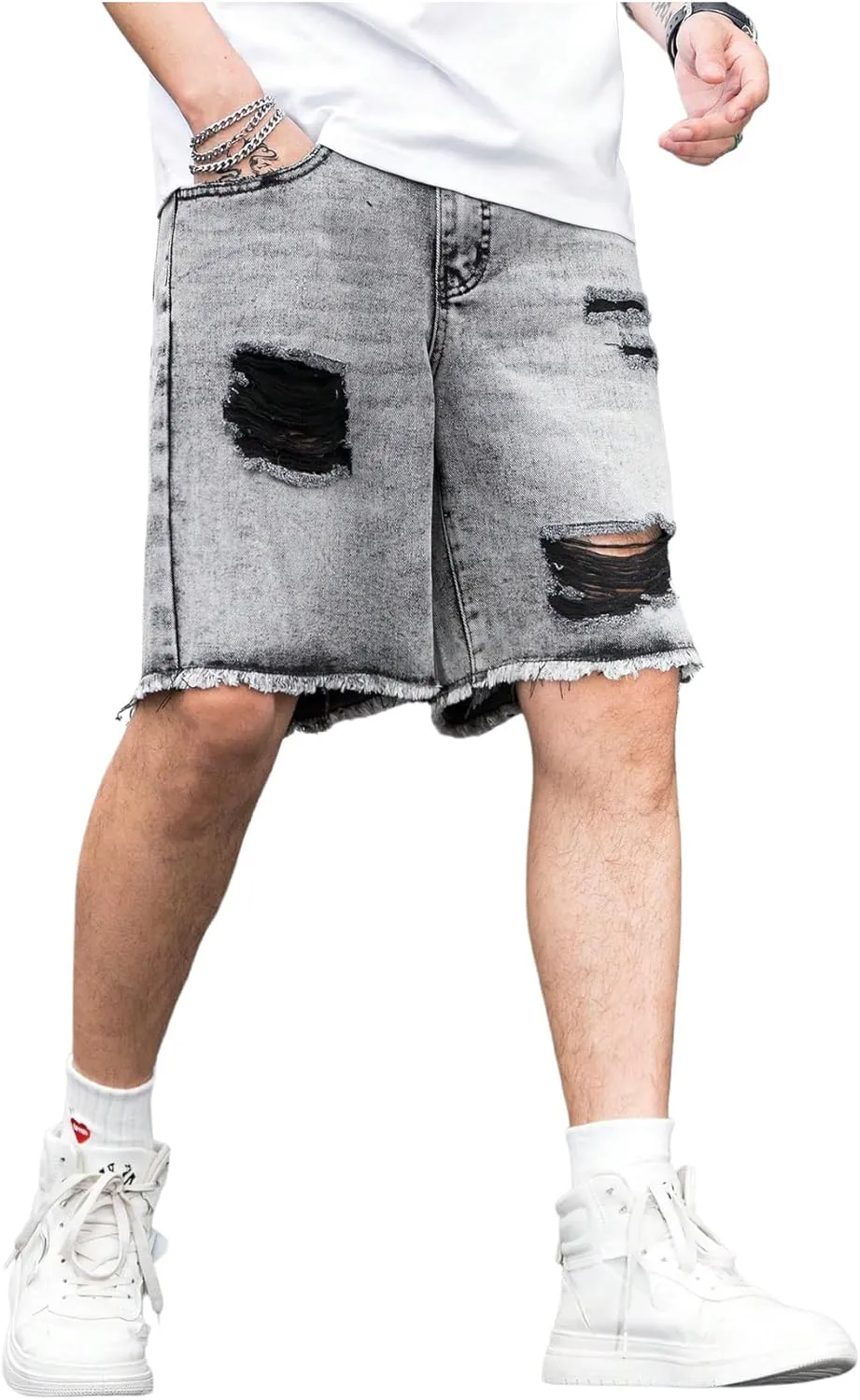 Verdusa Men's Ripped Bermuda Denim Shorts Straight Leg Jean Shorts with Pockets