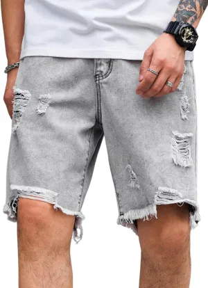 Verdusa Men's Ripped Bermuda Denim Shorts Straight Leg Jean Shorts with Pockets