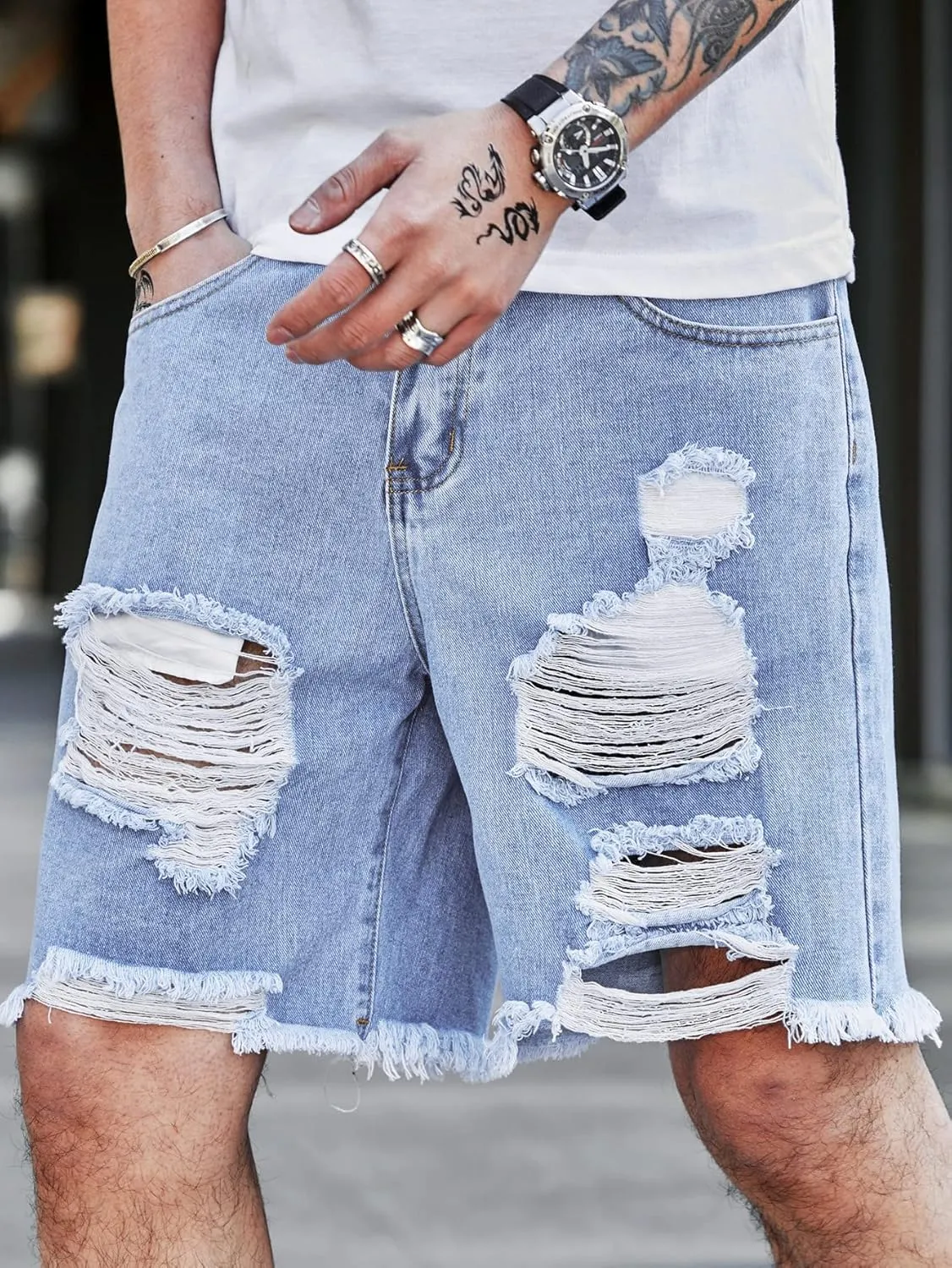 Verdusa Men's Ripped Bermuda Denim Shorts Straight Leg Jean Shorts with Pockets