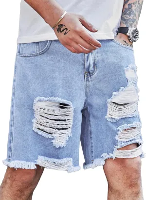Verdusa Men's Ripped Bermuda Denim Shorts Straight Leg Jean Shorts with Pockets