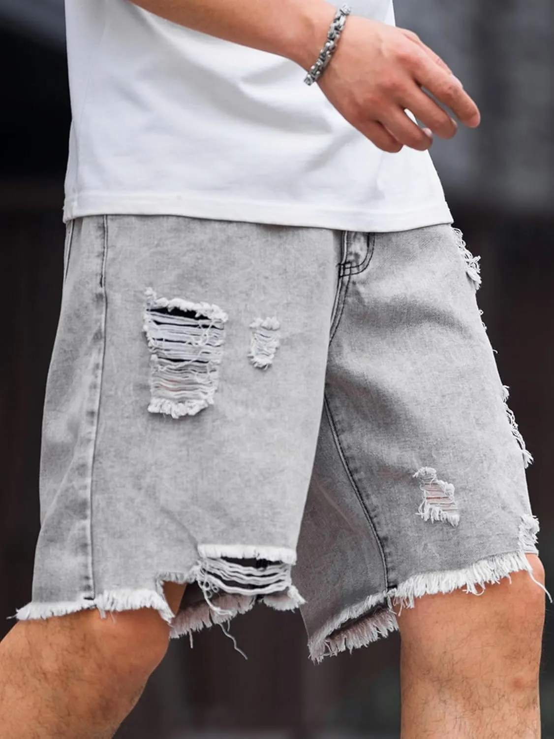Verdusa Men's Ripped Bermuda Denim Shorts Straight Leg Jean Shorts with Pockets