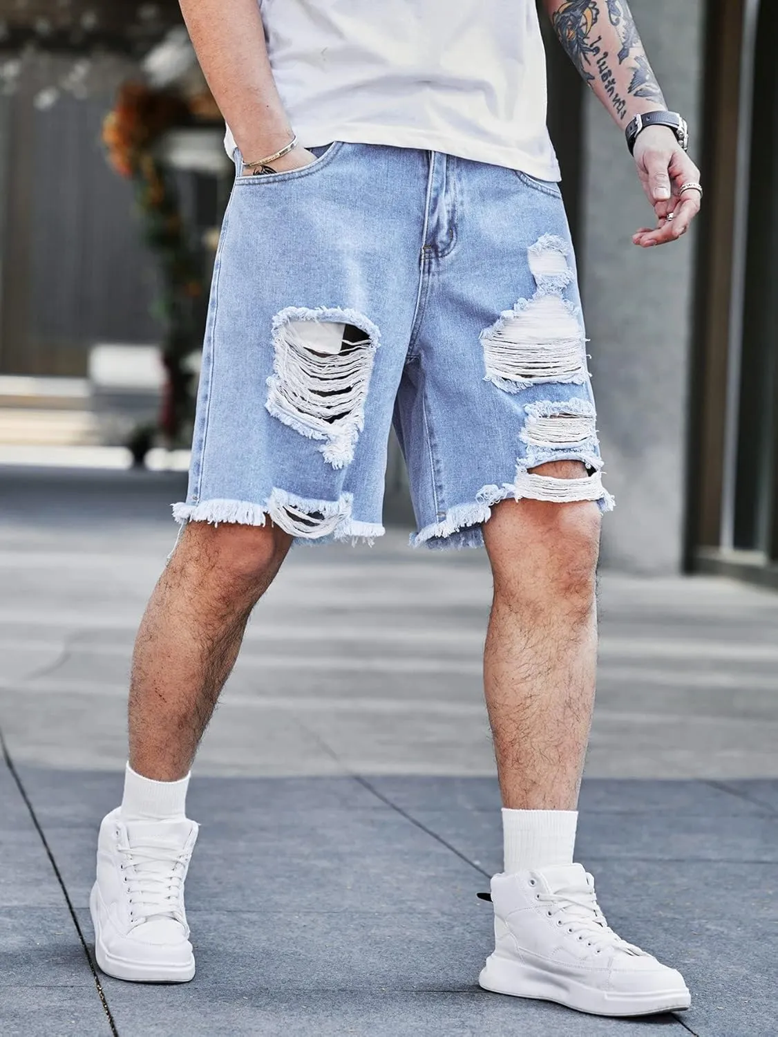 Verdusa Men's Ripped Bermuda Denim Shorts Straight Leg Jean Shorts with Pockets
