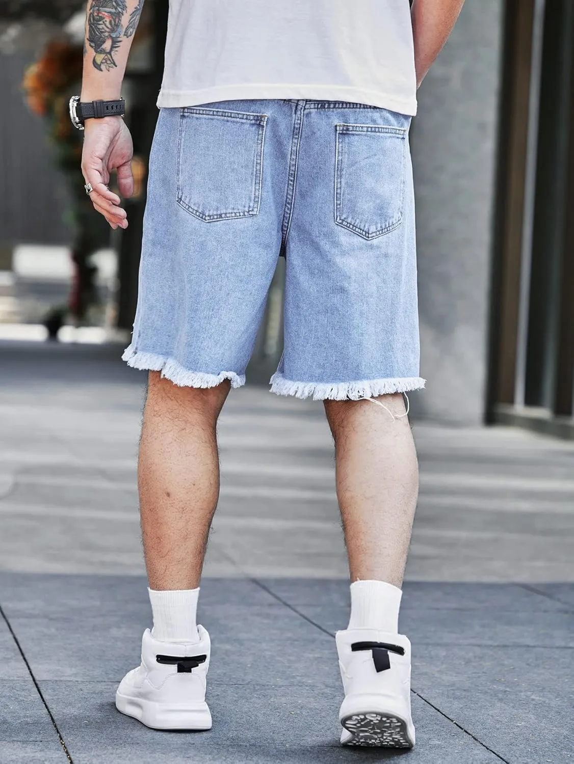 Verdusa Men's Ripped Bermuda Denim Shorts Straight Leg Jean Shorts with Pockets