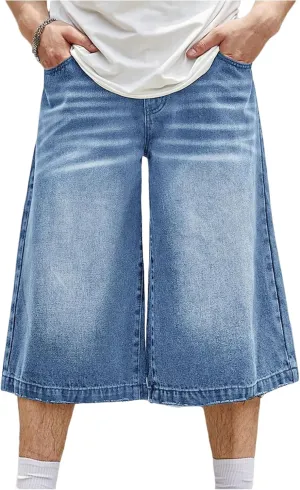 Verdusa Men's Wide Leg Capri Jeans Zipper Fly Loose Denim Capris Bermuda Shorts with Pocket