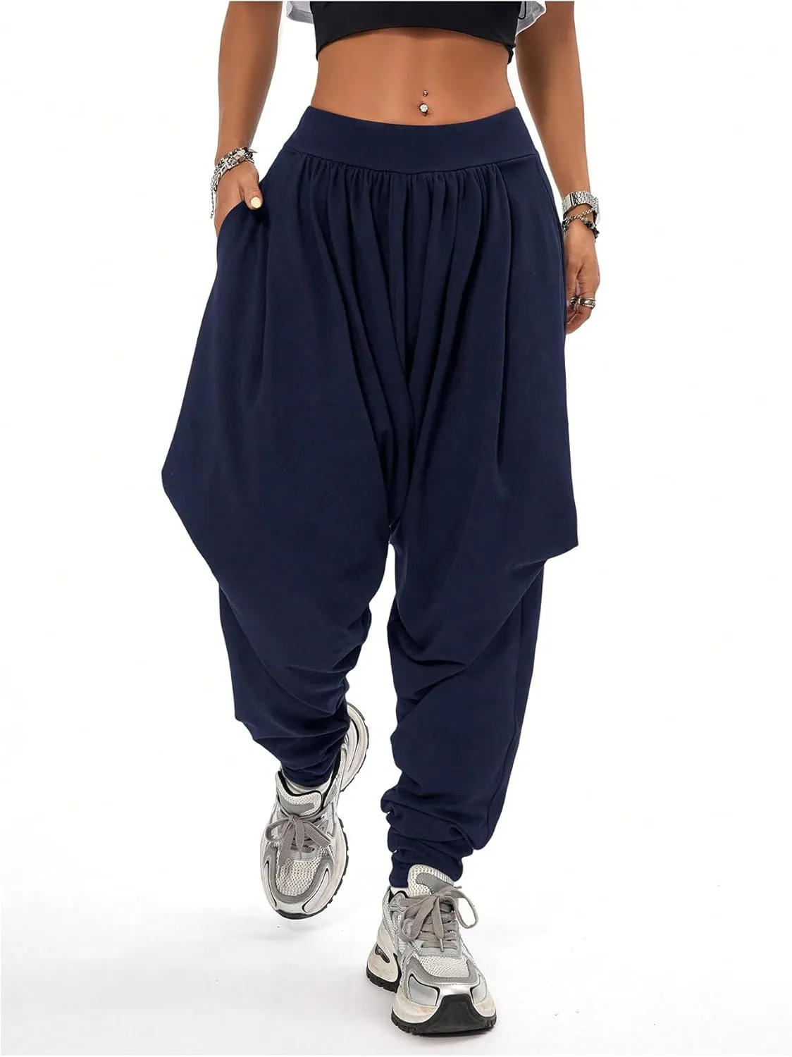 Verdusa Women's Hippie Baggy Harem Pants Elastic Waist Drop Crotch Trousers with Pockets