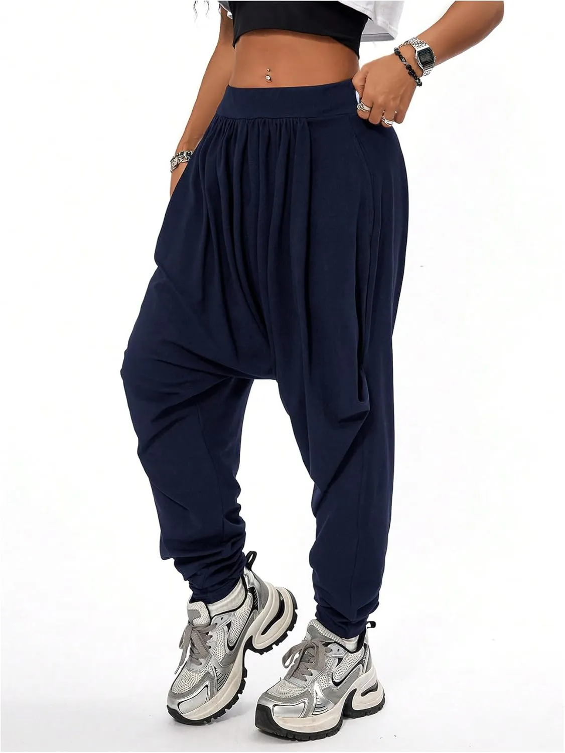 Verdusa Women's Hippie Baggy Harem Pants Elastic Waist Drop Crotch Trousers with Pockets