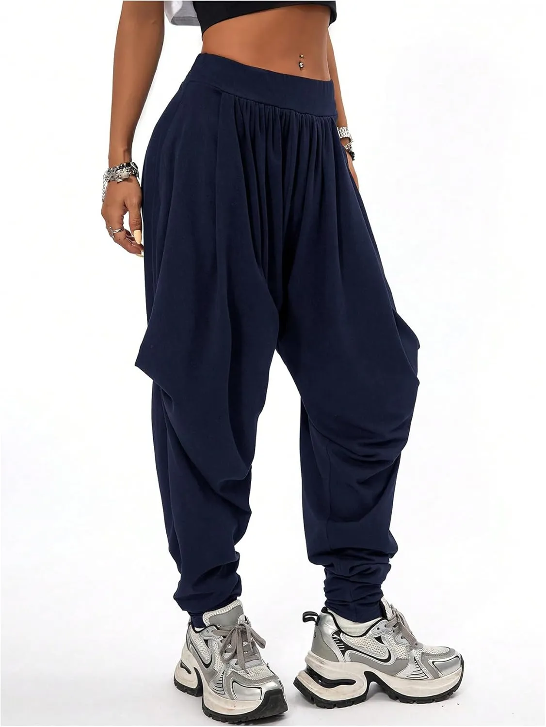Verdusa Women's Hippie Baggy Harem Pants Elastic Waist Drop Crotch Trousers with Pockets