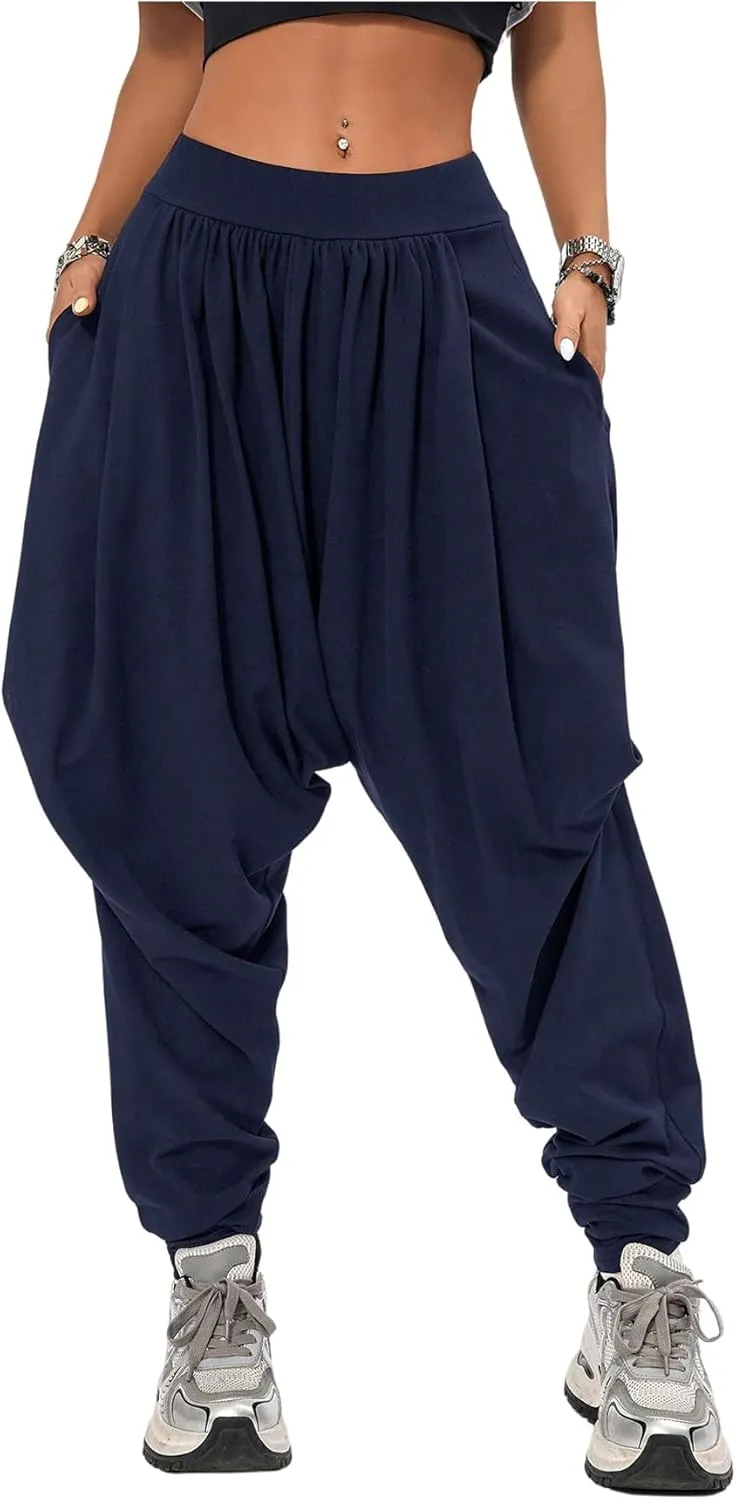 Verdusa Women's Hippie Baggy Harem Pants Elastic Waist Drop Crotch Trousers with Pockets