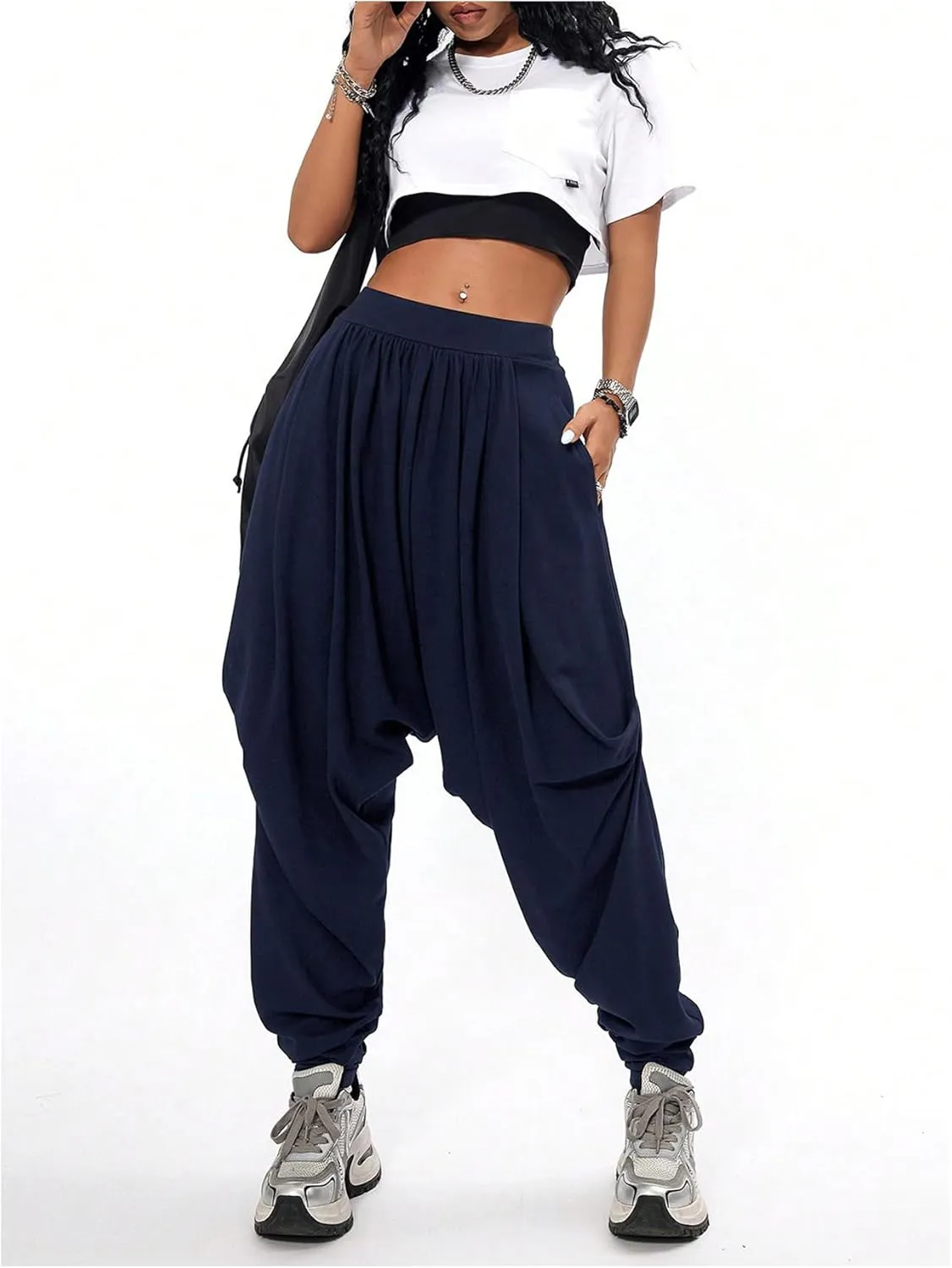 Verdusa Women's Hippie Baggy Harem Pants Elastic Waist Drop Crotch Trousers with Pockets