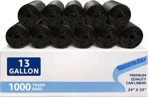 Victoria Bay 13 Gallon Black Trash Bags | 6 Micron | 1000 Count | 24” x 33” Garbage Can Liners | Light Office Trash Bags for 5–15 lb Waste | Bulk Commercial Use