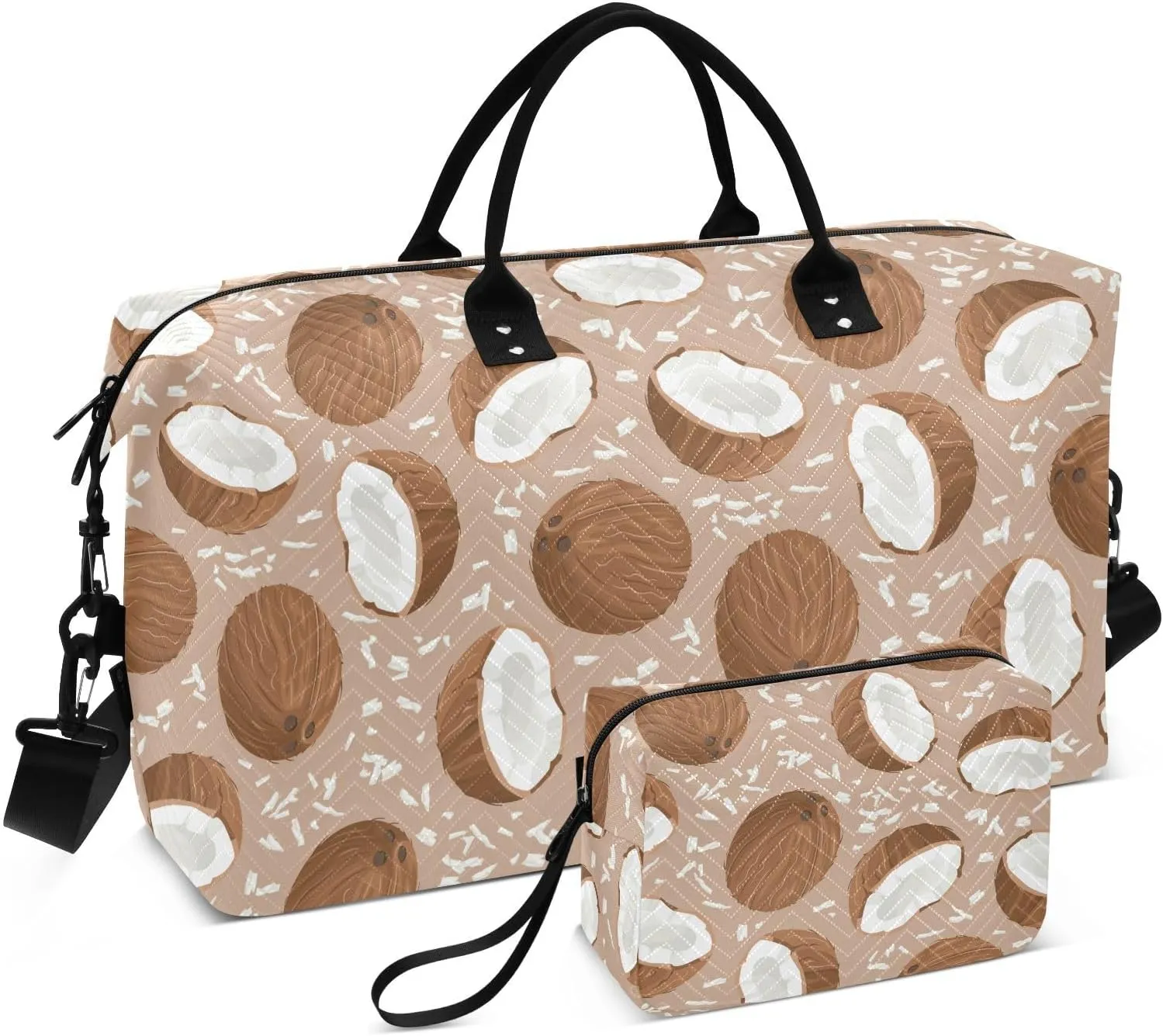 VIGTRO Travel Duffel Bag Weekender Overnight Bag with Toiletry Bag Sweet Coconut Fruits Printed, Carry On Luggage Bag for Hospital Gym Travel Business, 2 Pcs Set