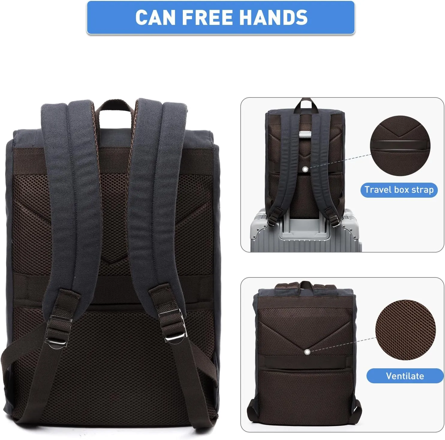 Vintage Canvas Backpack for Men Fits 14 Inch Laptop Samll Backpack Daypack Flap Tear-Resistant for Travel Rucksack College Dark Blue