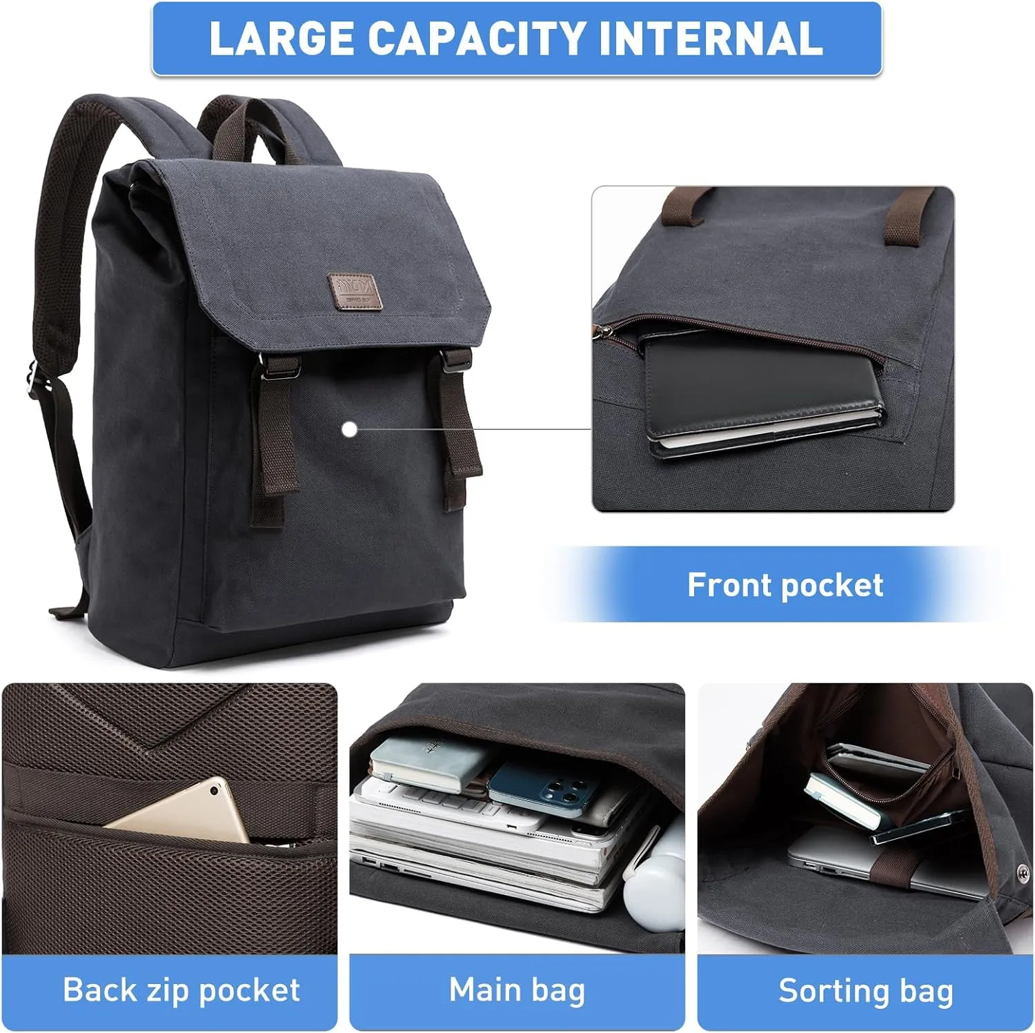 Vintage Canvas Backpack for Men Fits 14 Inch Laptop Samll Backpack Daypack Flap Tear-Resistant for Travel Rucksack College Dark Blue