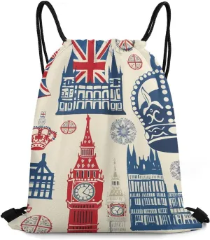 Vintage England London Big Ben Red Blue Crowness Travel Drawstring Bag Waterproof String Backpack Gym Sackpack Sport Bag