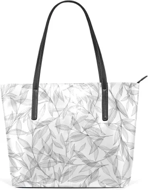 Vintage Foliage White Tote Bag for Women Leather Shoulder Handbag with Zipper and Pockets Fashion Casual Handle Bag Purse for Travel Beach Working Laptop School Gym Shopping