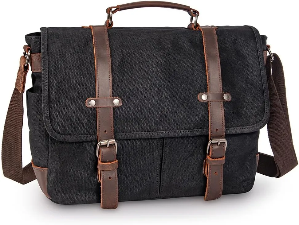 Vintage Genuine Leather Waxed Canvas Briefcase Large Satchel Shoulder Bag Rugged Computer 15.6" Laptop Bag