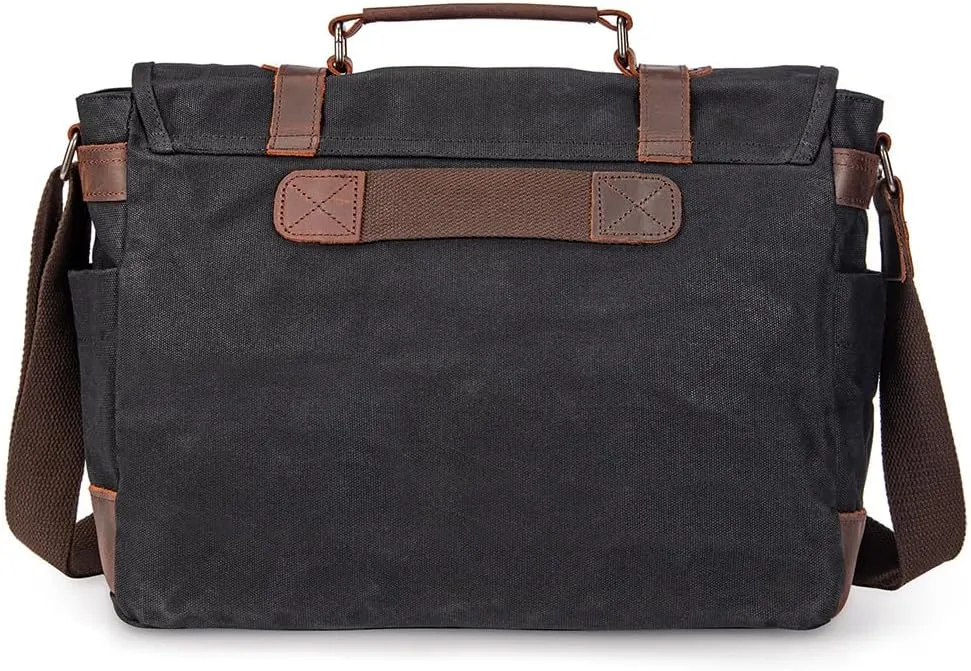 Vintage Genuine Leather Waxed Canvas Briefcase Large Satchel Shoulder Bag Rugged Computer 15.6" Laptop Bag