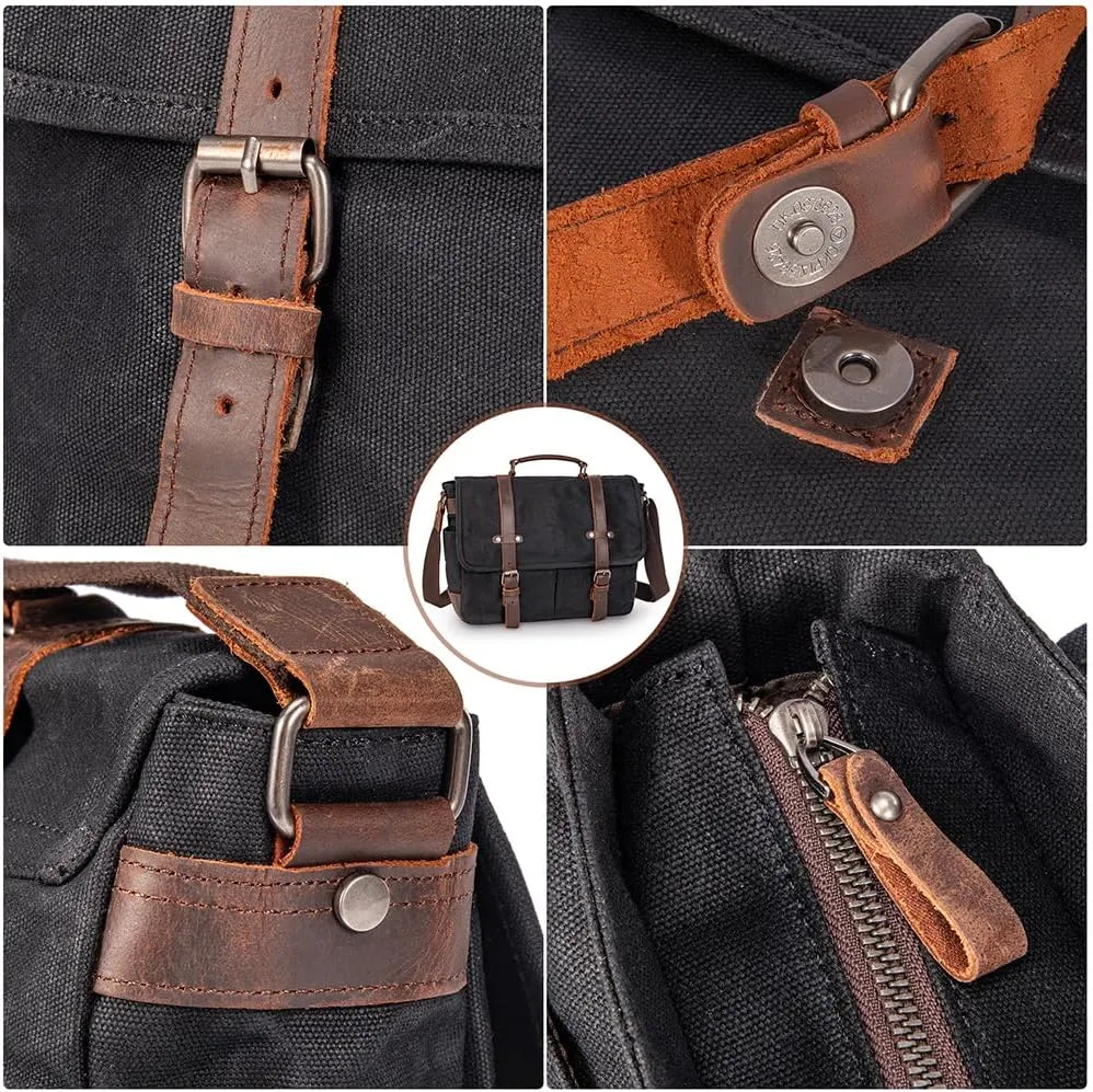 Vintage Genuine Leather Waxed Canvas Briefcase Large Satchel Shoulder Bag Rugged Computer 15.6" Laptop Bag