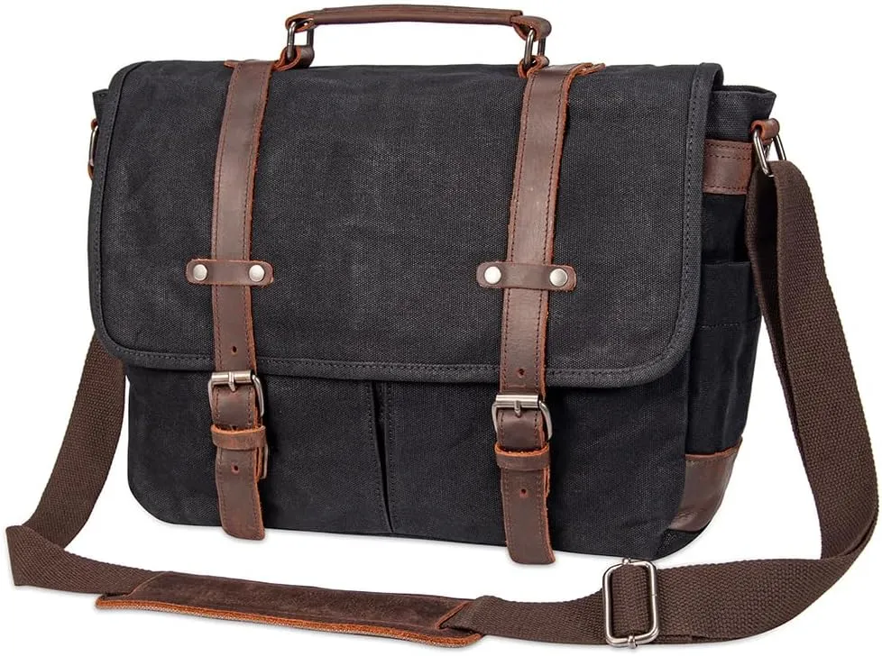 Vintage Genuine Leather Waxed Canvas Briefcase Large Satchel Shoulder Bag Rugged Computer 15.6" Laptop Bag