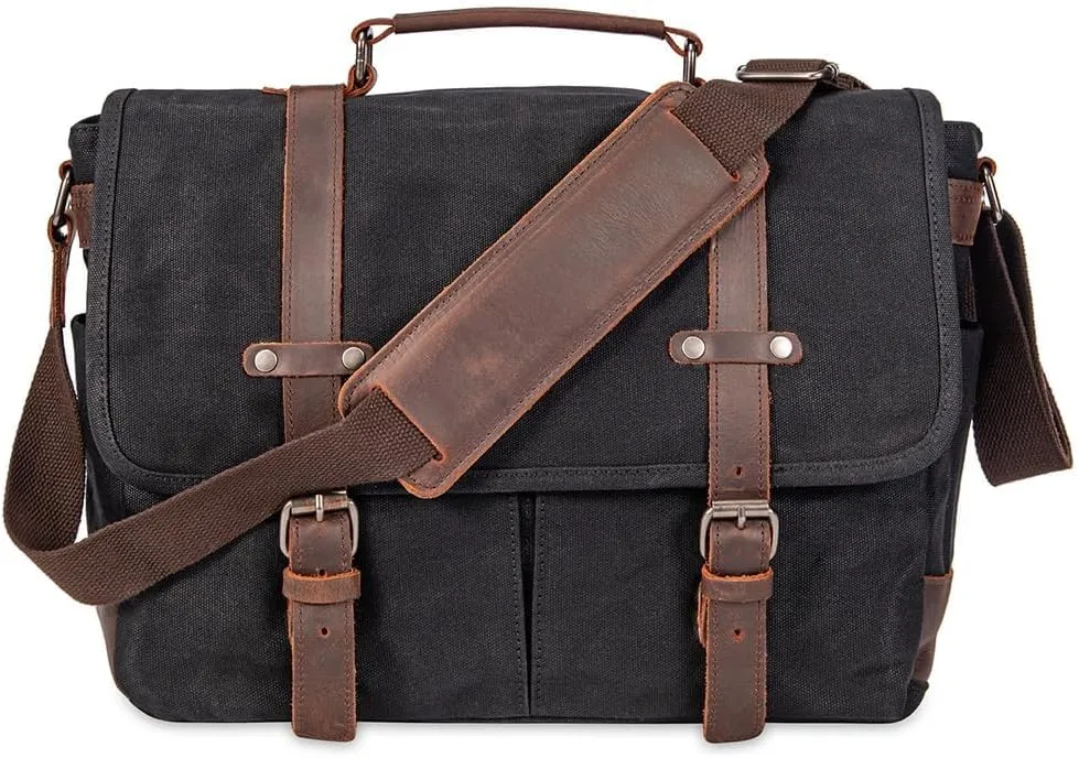 Vintage Genuine Leather Waxed Canvas Briefcase Large Satchel Shoulder Bag Rugged Computer 15.6" Laptop Bag