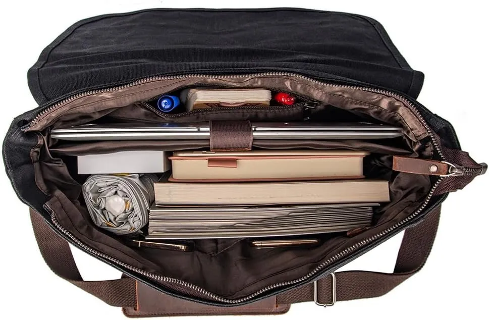 Vintage Genuine Leather Waxed Canvas Briefcase Large Satchel Shoulder Bag Rugged Computer 15.6" Laptop Bag