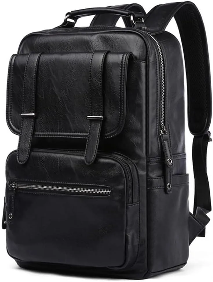 Vintage Leather Laptop Backpack for Men,Water Resistant Fits 16 Inch Laptop,Travel Black Backpack for Bussiness,College