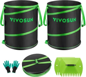 VIVOSUN 47-Gallon Collapsible Trash Can, Reusable Pop-Up Garden Bag with Hard-Shell Bottom, Leaf Scoops and Gloves, Yard Waste Container for Lawn Care and Camping, 2-Pack