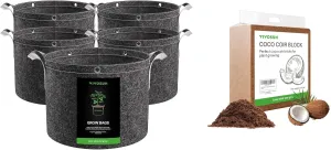 VIVOSUN 5-Pack 25 Gallon Grow Bags and Coco Coir Brick, 11lbs 100% Natural Organic Compressed Coconut Coir Fiber with Low EC, PH Balance & High Nutrition, Coconut Fiber Substrate