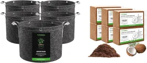 VIVOSUN 5-Pack 7 Gallon Grow Bags and Coco Coir Brick, 1.4lbs 100% Natural Organic Compressed Coconut Coir Fiber with Low EC, PH Balance & High Nutrition, Coconut Fiber Substrate, Coconut Soil for Pla