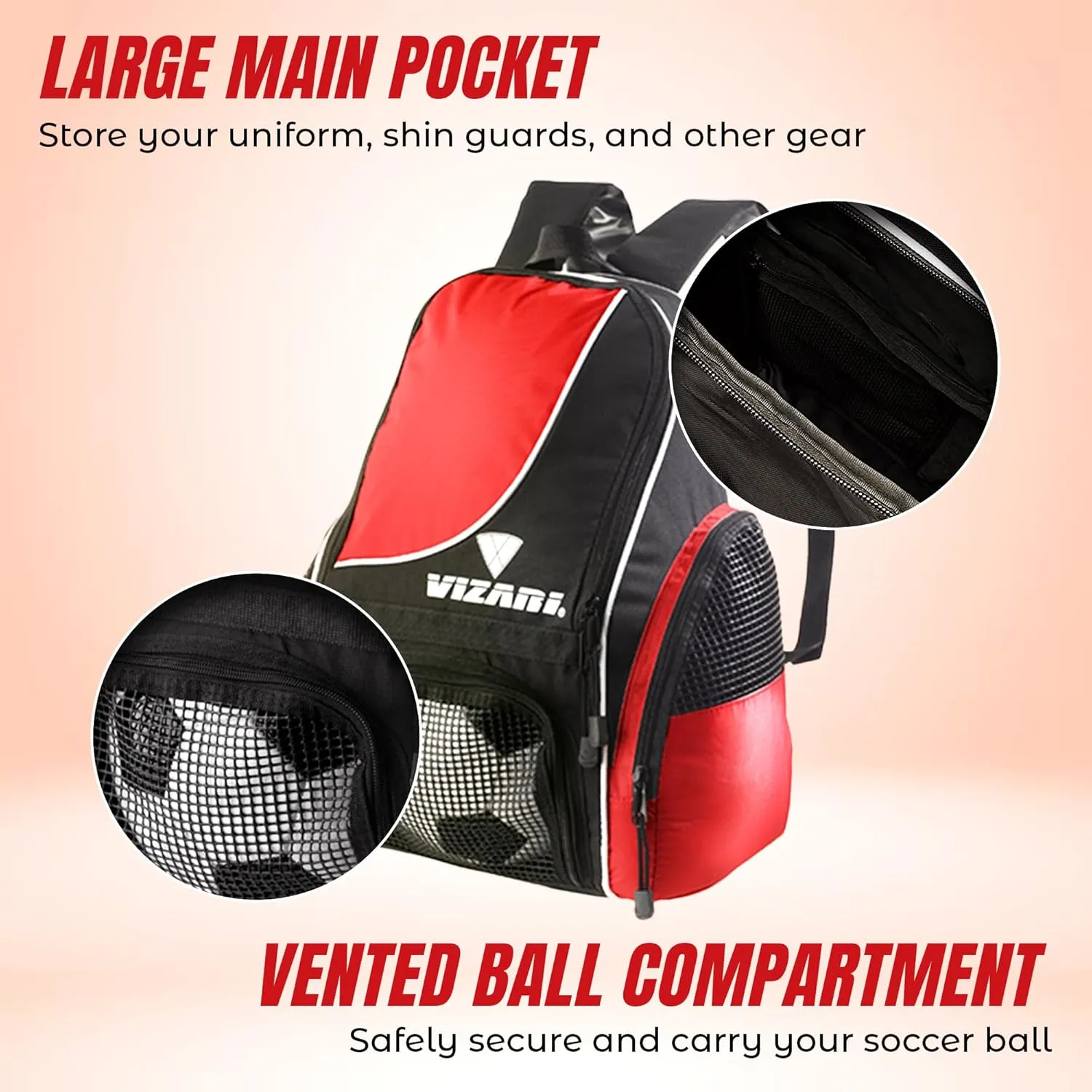Vizari Solano Soccer Backpack With Ball Compartment and Vented Ball Pocket and Mesh Side Cargo Pockets for Adults and Teens