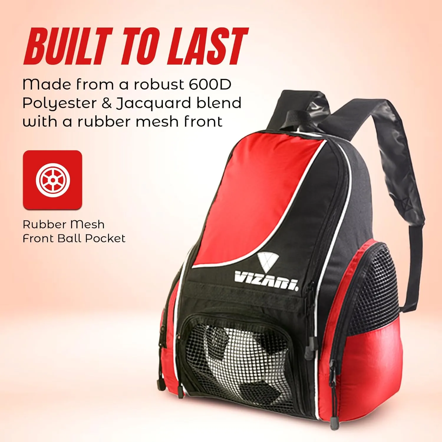 Vizari Solano Soccer Backpack With Ball Compartment and Vented Ball Pocket and Mesh Side Cargo Pockets for Adults and Teens