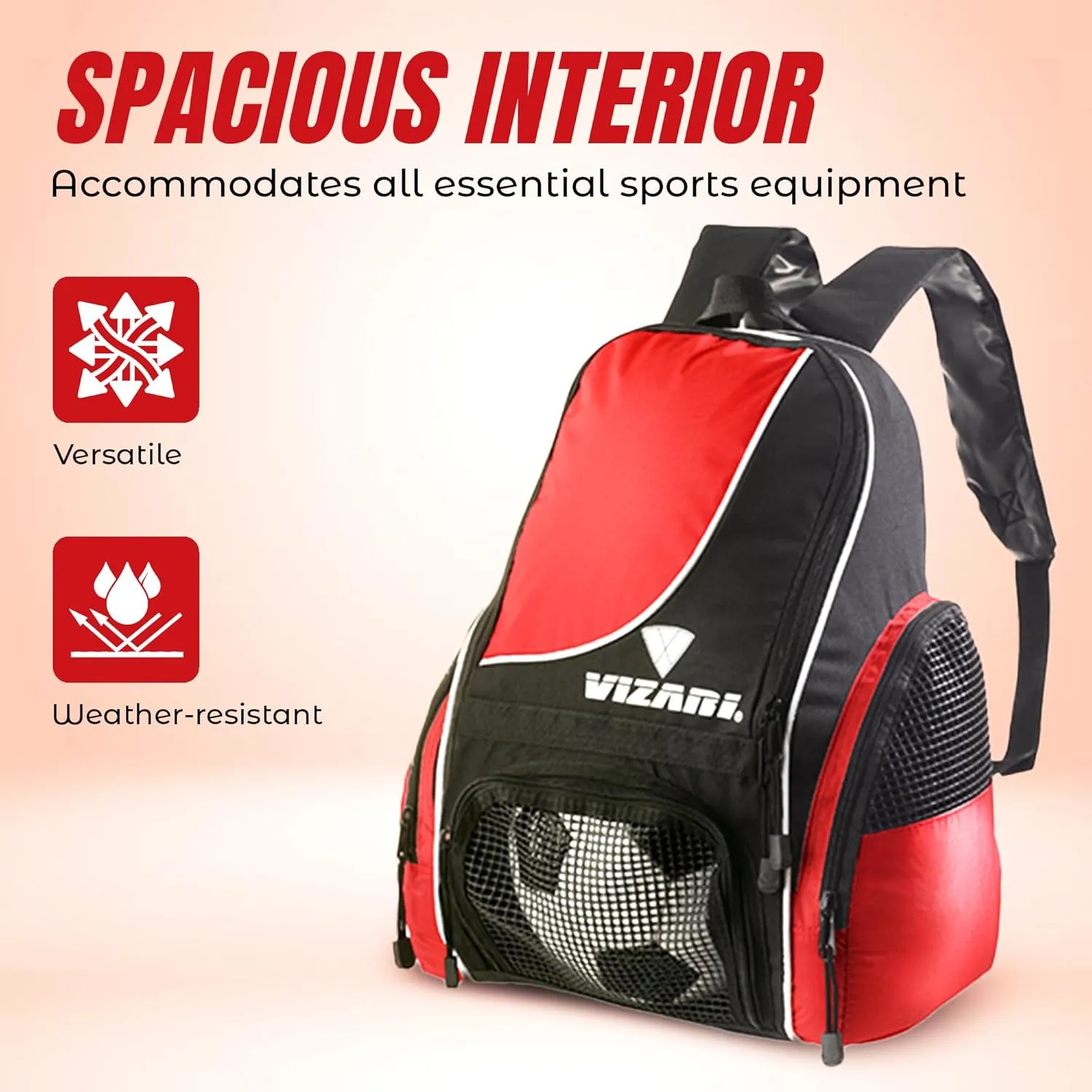 Vizari Solano Soccer Backpack With Ball Compartment and Vented Ball Pocket and Mesh Side Cargo Pockets for Adults and Teens