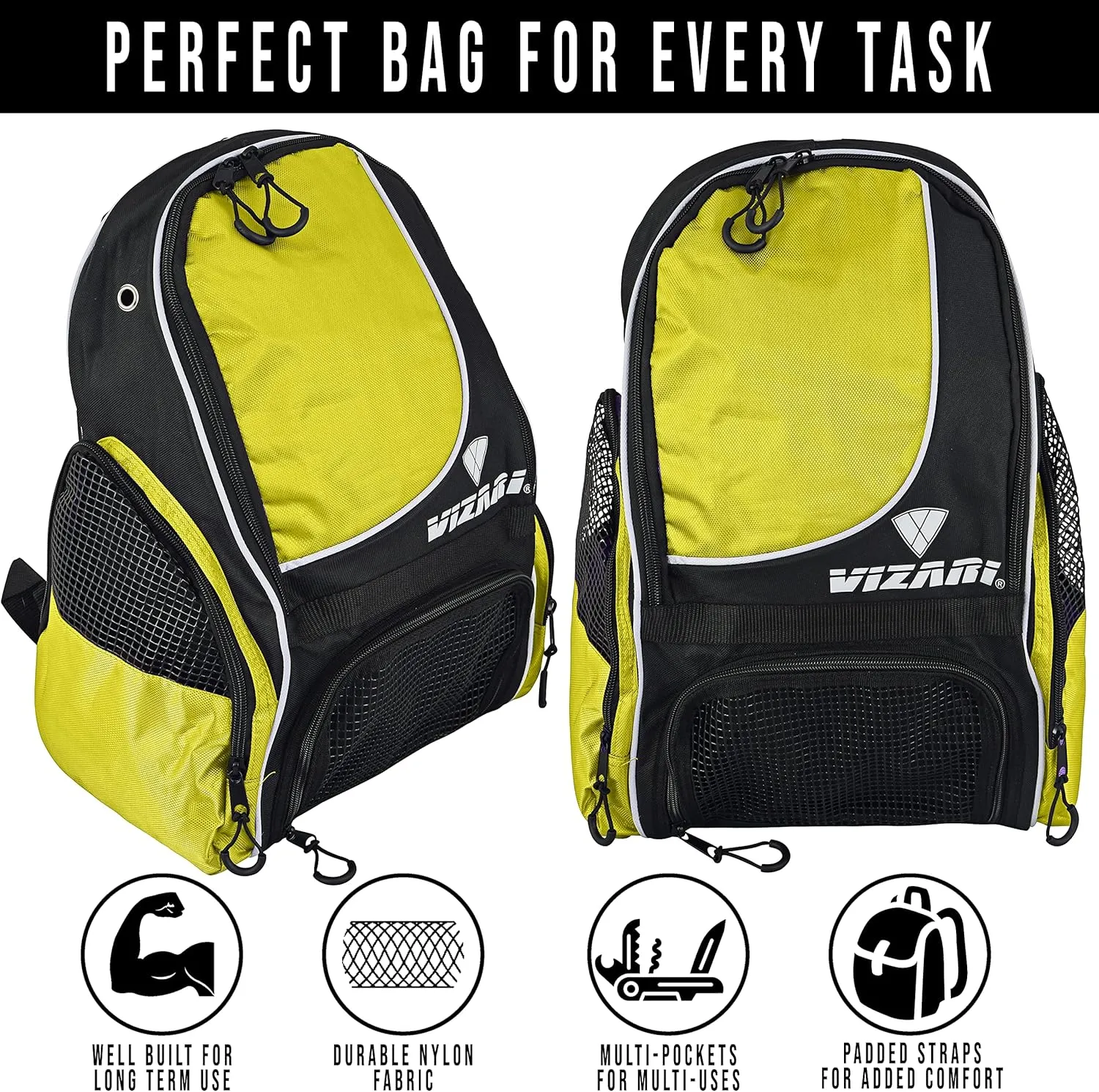 Vizari Solano Soccer Backpack With Ball Compartment and Vented Ball Pocket and Mesh Side Cargo Pockets for Adults and Teens