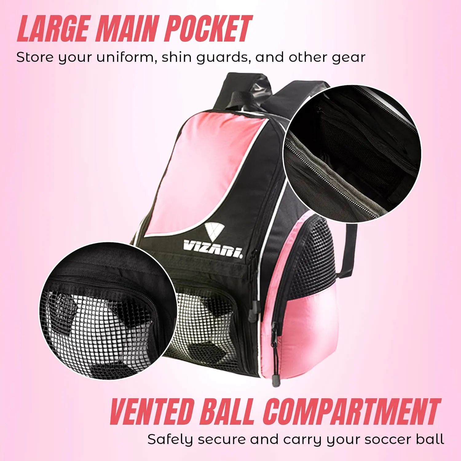 Vizari Solano Soccer Backpack With Ball Compartment and Vented Ball Pocket and Mesh Side Cargo Pockets for Adults and Teens