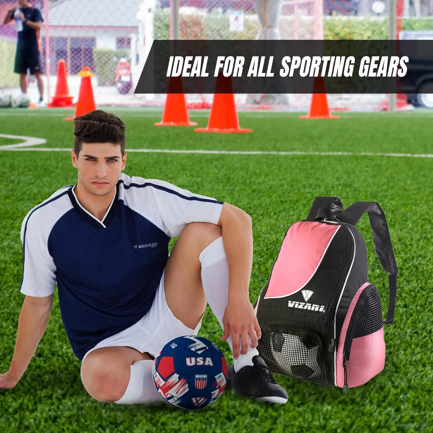 Vizari Solano Soccer Backpack With Ball Compartment and Vented Ball Pocket and Mesh Side Cargo Pockets for Adults and Teens