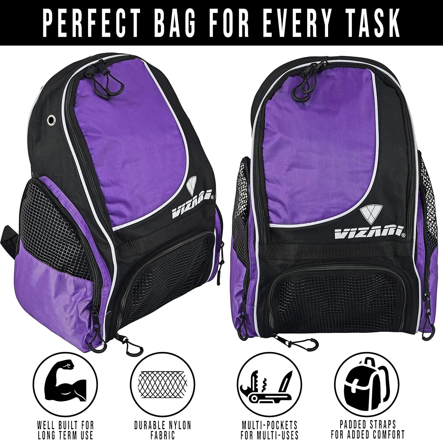 Vizari Solano Soccer Backpack With Ball Compartment and Vented Ball Pocket and Mesh Side Cargo Pockets for Adults and Teens