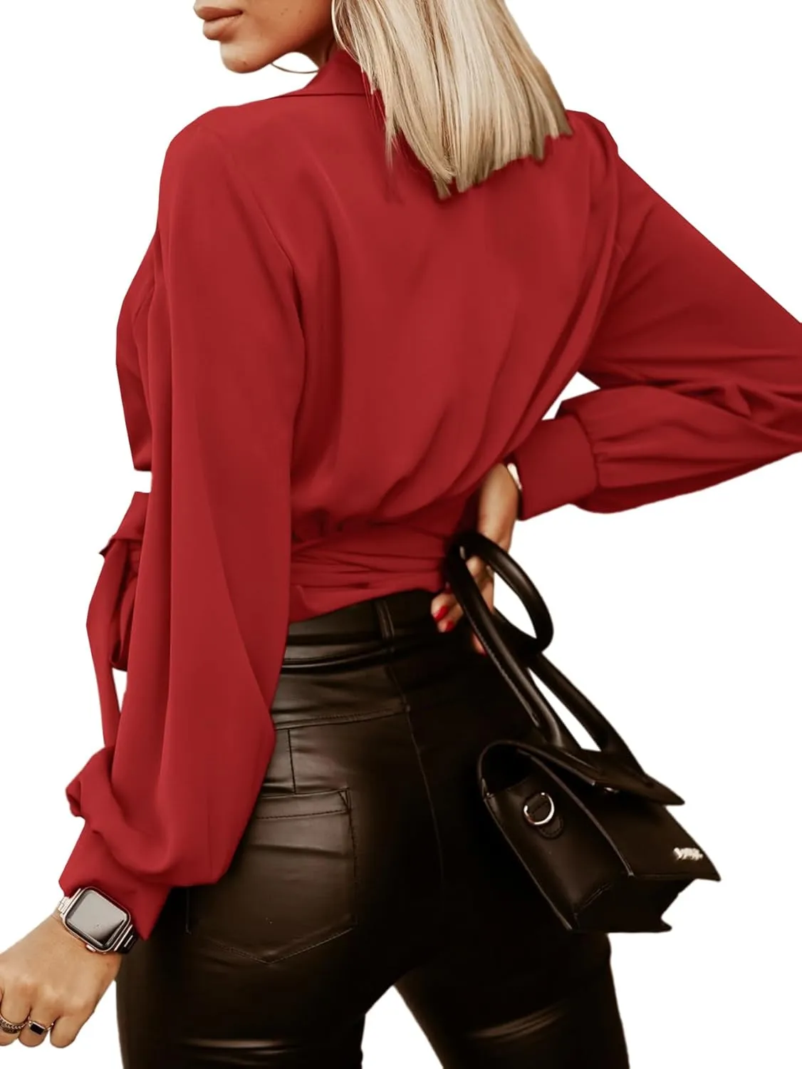 Vrtige Women's Wrap V Neck Self Tie Knot Long Sleeve Blouse Shirt Crop Top