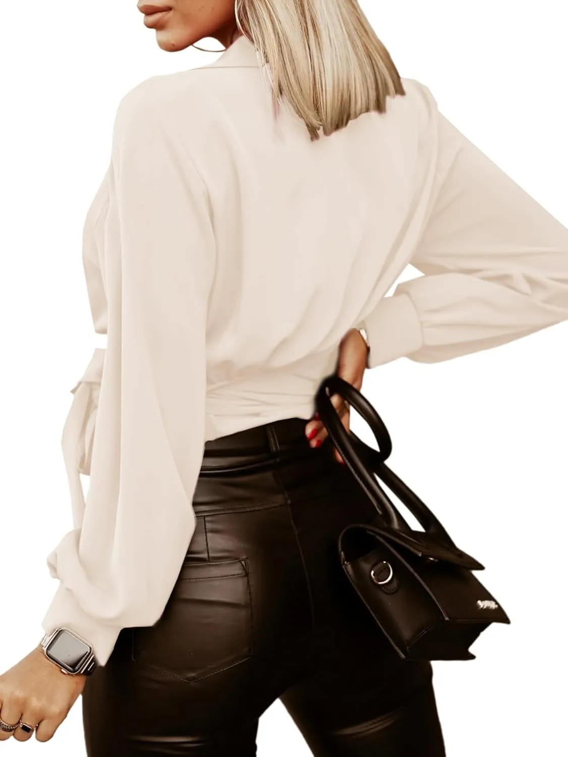 Vrtige Women's Wrap V Neck Self Tie Knot Long Sleeve Blouse Shirt Crop Top
