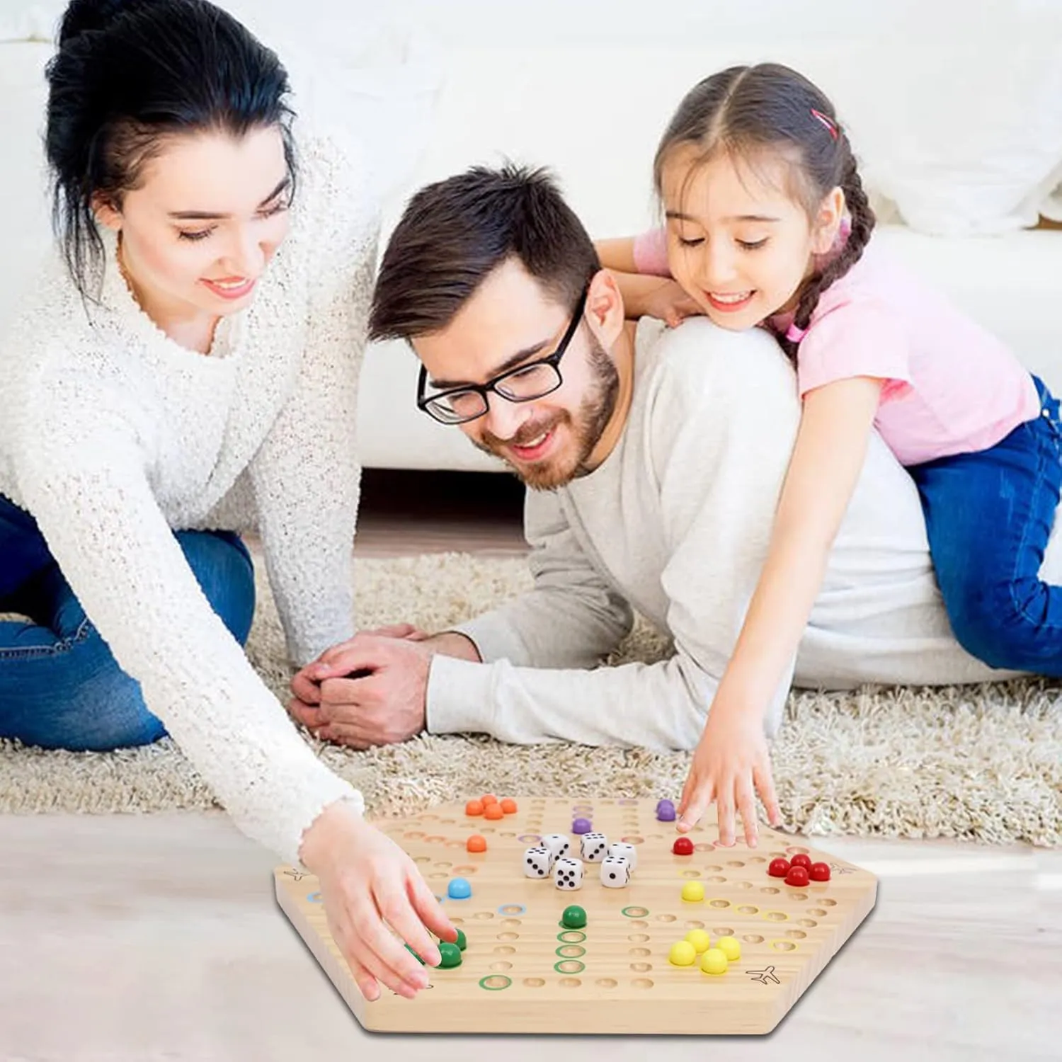 Wahoo Board Game Wooden Original Board Game Classic 2 Side Painted Fast Track Game for 4 Player and 6 Player with 30 Marbles,6 Dices for Family Game Night(Small,Log)