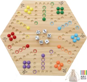 Wahoo Board Game Wooden Original Board Game Classic 2 Side Painted Fast Track Game for 4 Player and 6 Player with 30 Marbles,6 Dices for Family Game Night(Small,Log)