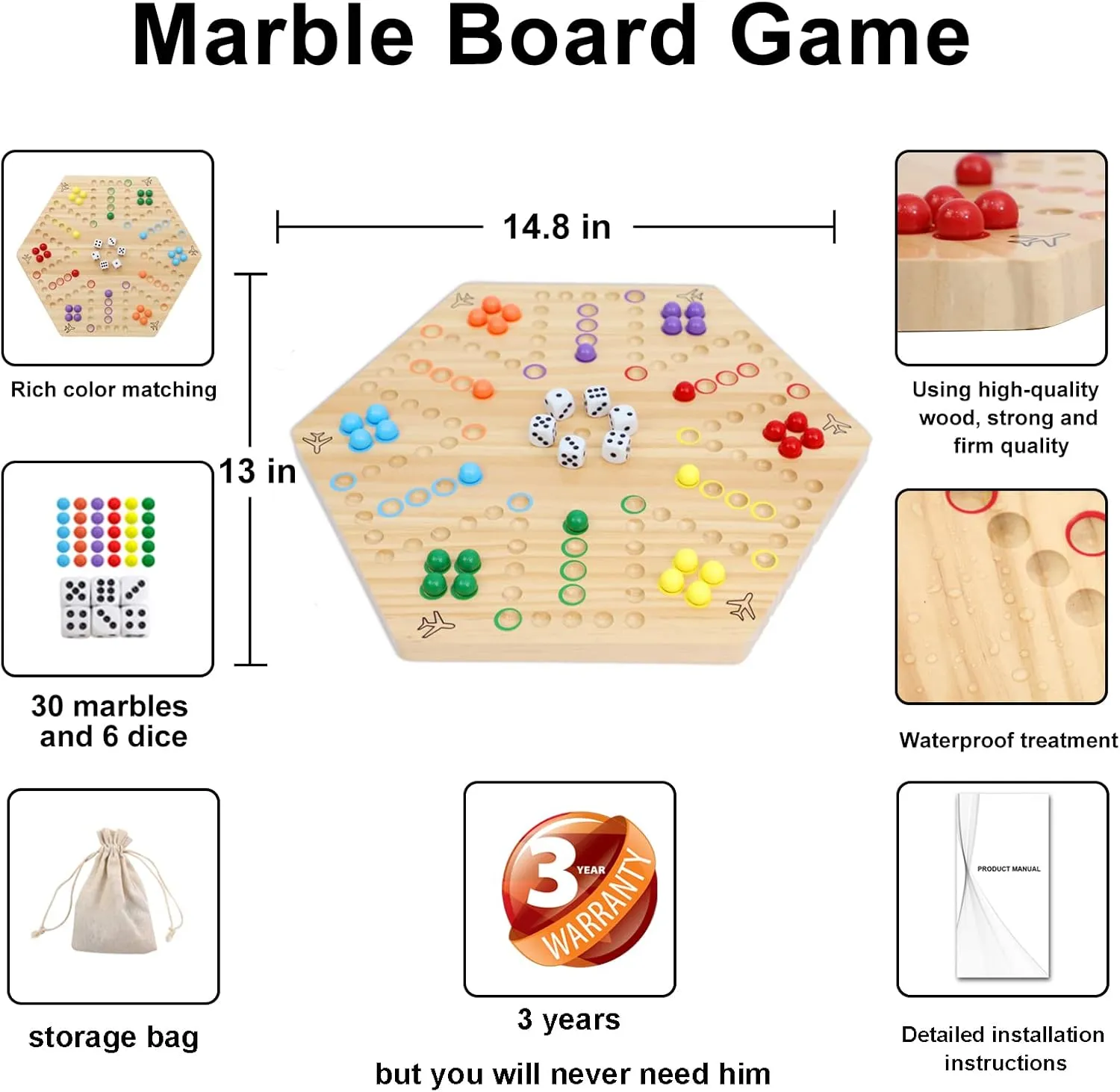 Wahoo Board Game Wooden Original Board Game Classic 2 Side Painted Fast Track Game for 4 Player and 6 Player with 30 Marbles,6 Dices for Family Game Night(Small,Log)