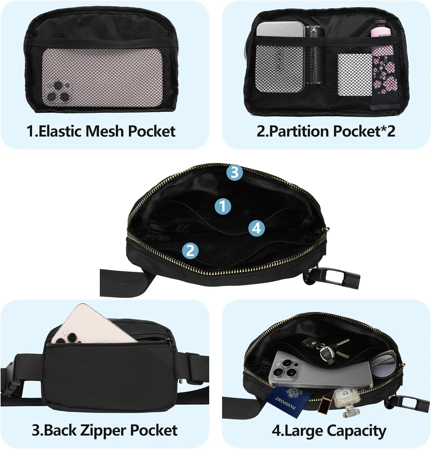 Waist Belt Bag Fashion Fanny Women and Men Gift Waist Pack With Adjustable Strap For Travel Running Hiking Walking Black black