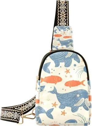 Walrus Fish Sea Stars Backpack Sling Bag for Women Crossbody Bags Small Cross Body Bags Leather Travel Chest Bag Purse Casual Daypack